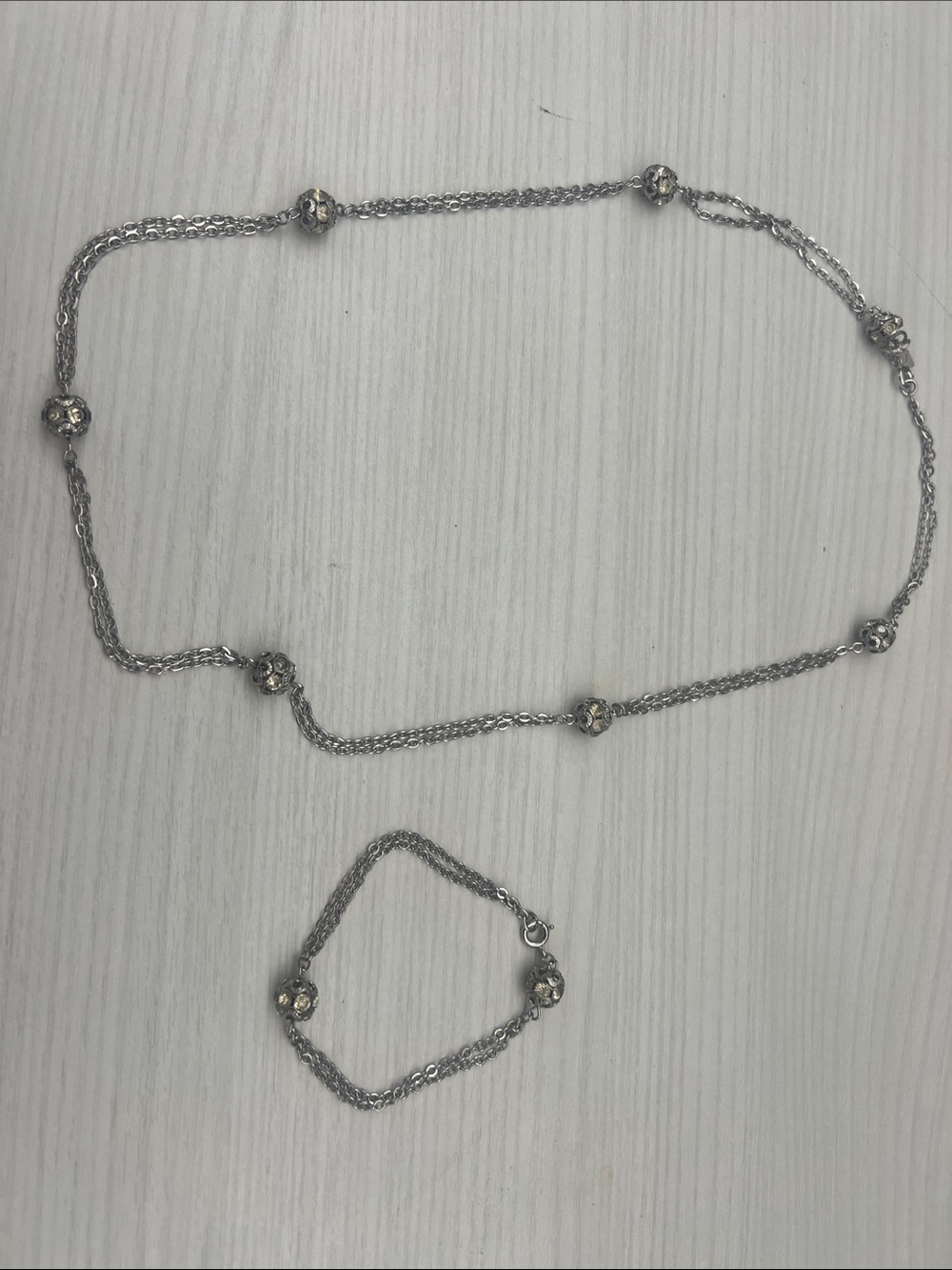 Sarah Coventry Silver-Tone Multi Strand Necklace and bracelet w Crystal Bead